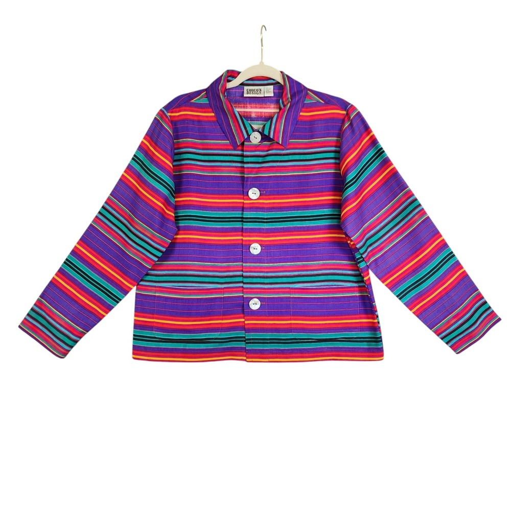 Chicos Womens‎ Vintage Silk Striped Button Front Top Size Medium Colorful Stripe